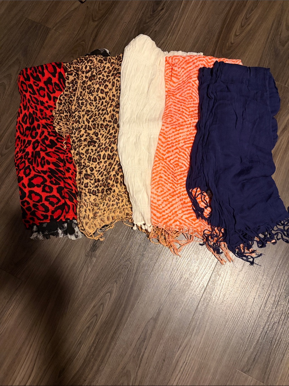 Source Unknown Red, Leopard, Cream, Orange, Navy Scarves Set